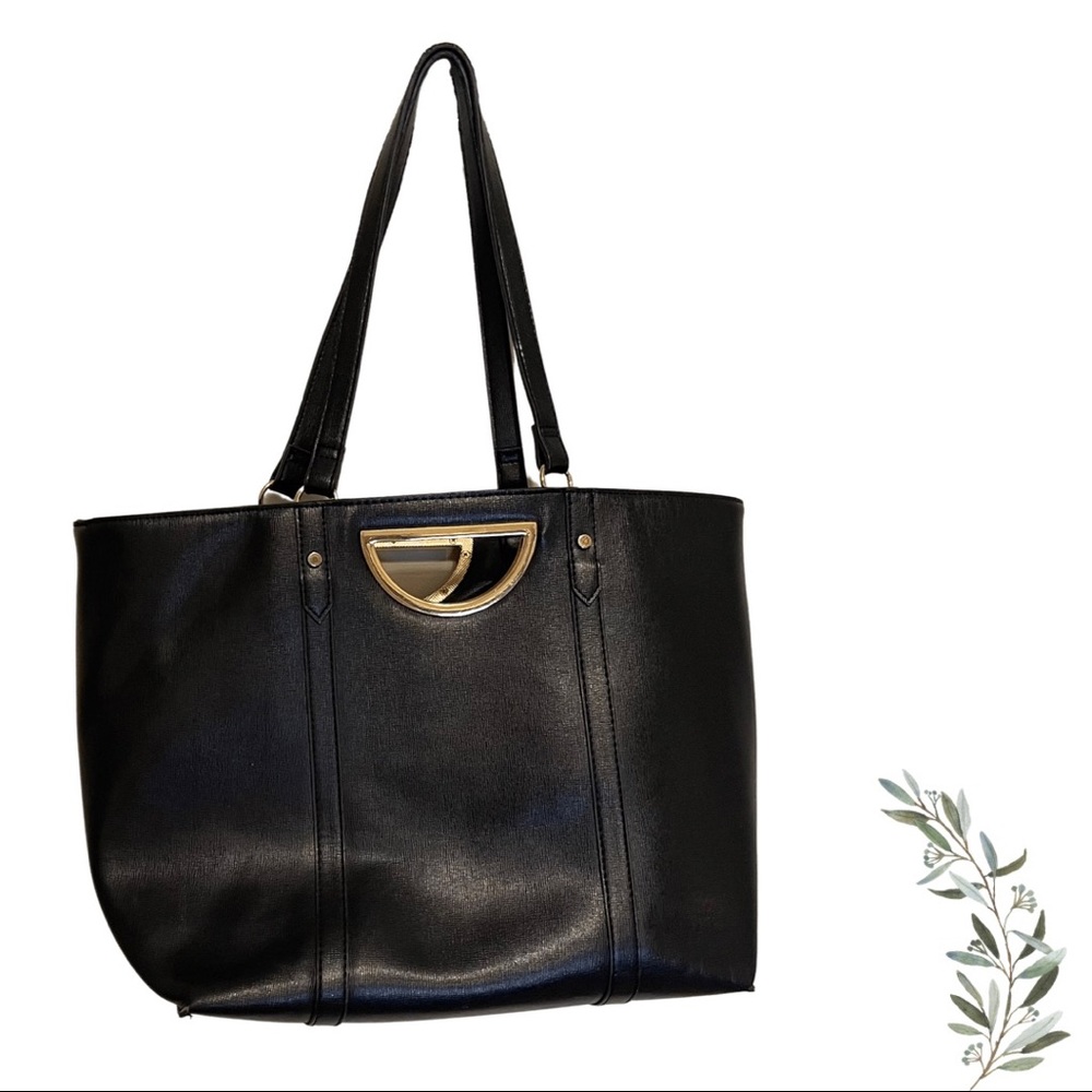 A New Day Black Pleather Tote with Gold Half Circle Hardware